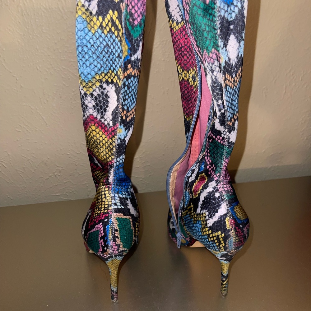 Colorful Snakeskin Print Knee High Boots